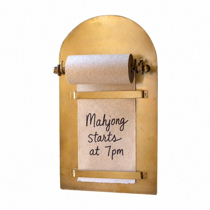 Kalalou Wall Mounted Antique Brass Magnetic Note Roll with handwritten note: "Mahjong starts at 7pm.
