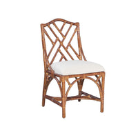 Kenian Chippendale Tortoise Finish Side Chair with white cushion and decorative crisscross backrest.