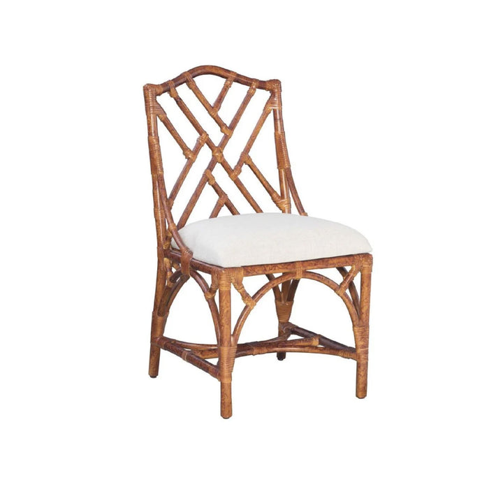 Kenian Chippendale Tortoise Finish Side Chair with white cushion and decorative crisscross backrest.