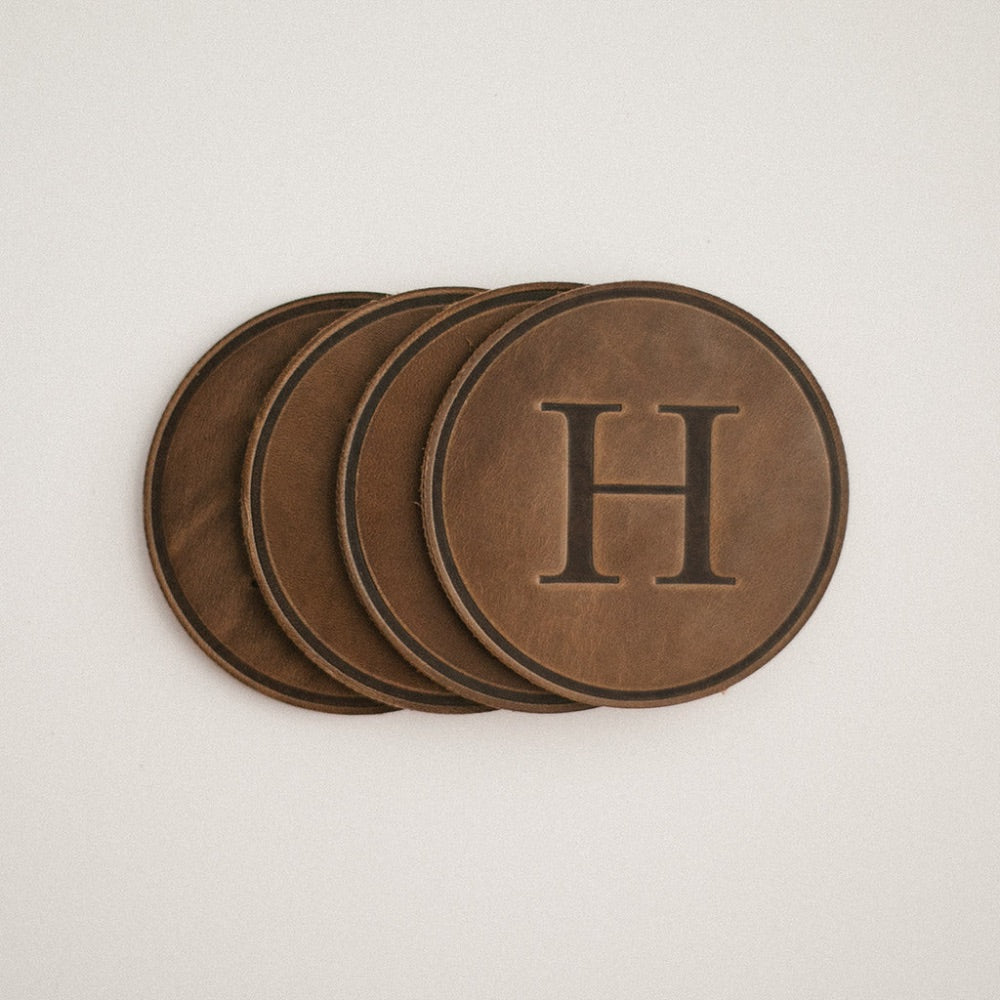 round coasters monogrammed leather personalized