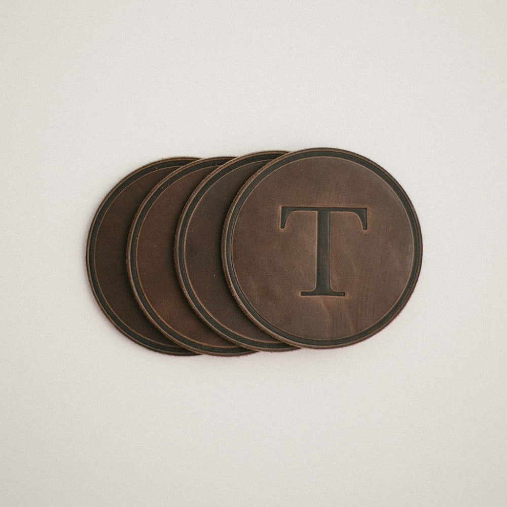round coasters monogrammed leather personalized