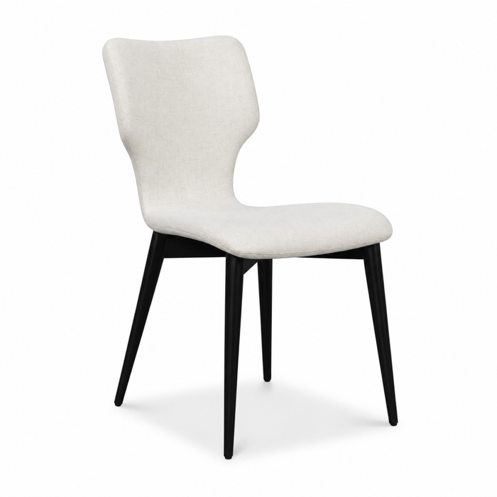 The Contour Side Chair by Sarreid, Ltd. has a light beige seat and backrest with black angled legs for a modern look.