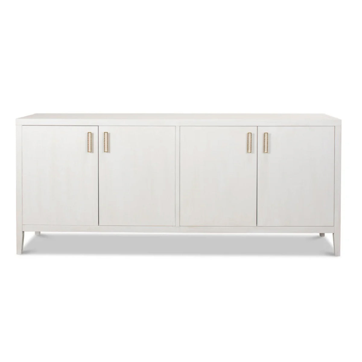 Sarreid, Ltd.'s Cortina Blanco 4-Door White Buffet features gold handles, short legs, and adjustable shelves.
