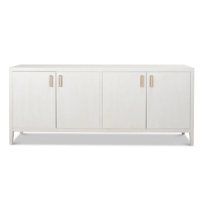Sarreid, Ltd.'s Cortina Blanco 4-Door White Buffet features gold handles, short legs, and adjustable shelves.