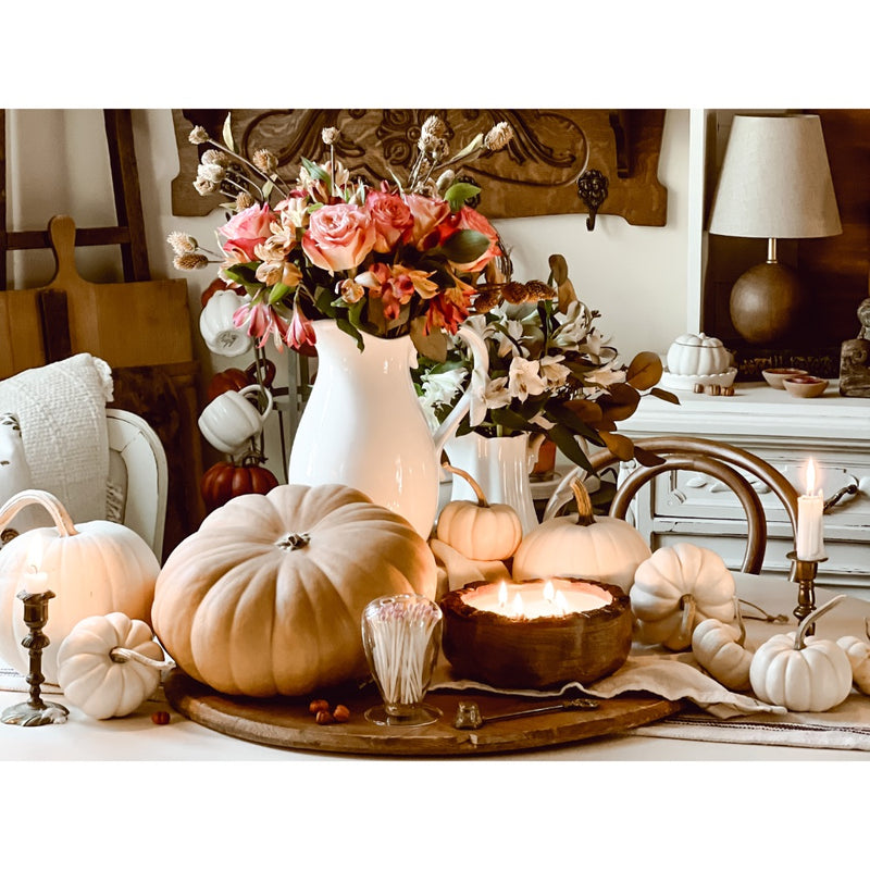 fall decor candle pumpkins flowers