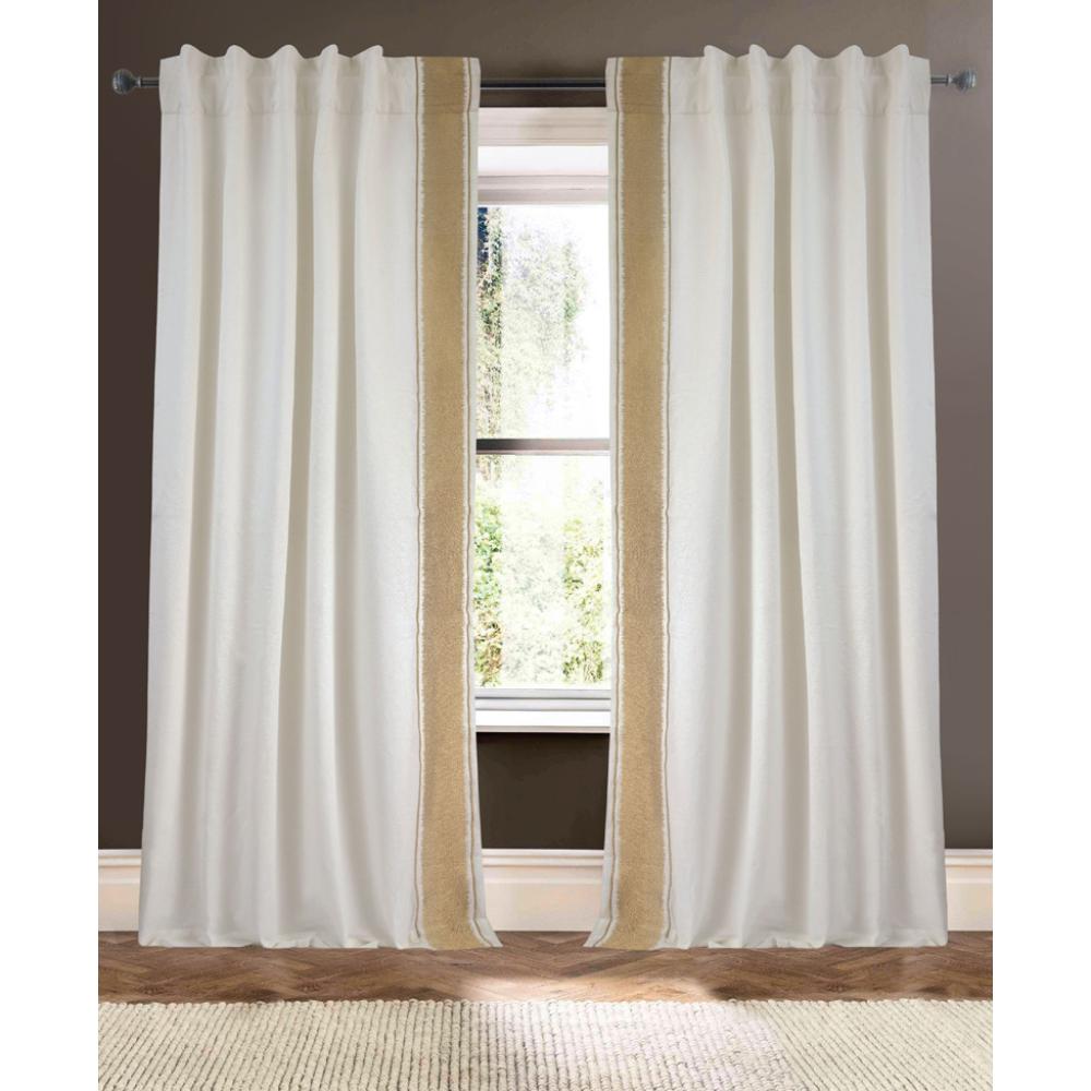 Drapery Curtain Panel Linen Cotton Rod Pocket Ivory Gold Trim