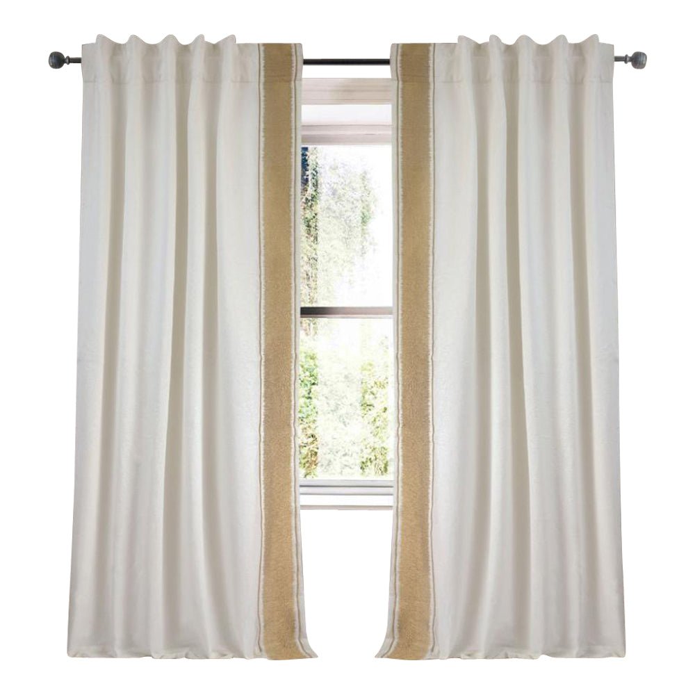 Drapery Curtain Panel Linen Cotton Rod Pocket Ivory Gold Trim