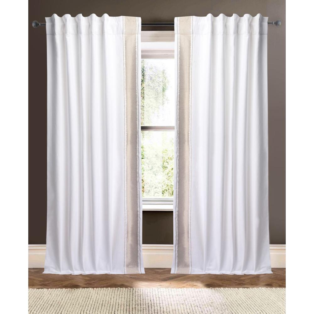 Fixed Panel Drapery Designer Drapery Curtain Panel - White Linen Cotton Lined Natural Trim ...