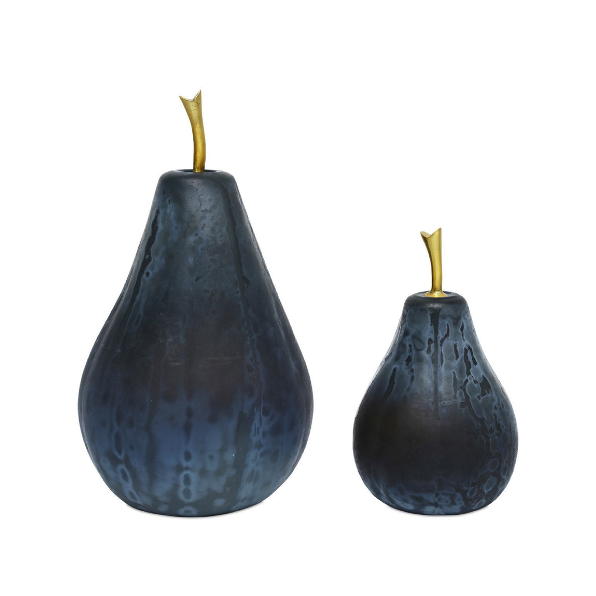 Two decorative pears with gold stems on a white background