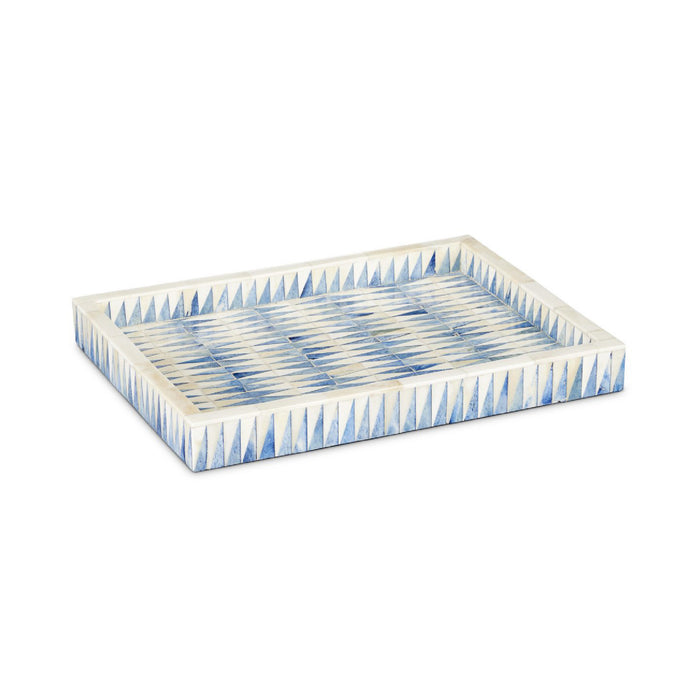 Rectangular tray with blue and white pattern on a white background
