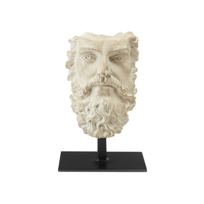 Statue head on a stand with a white background