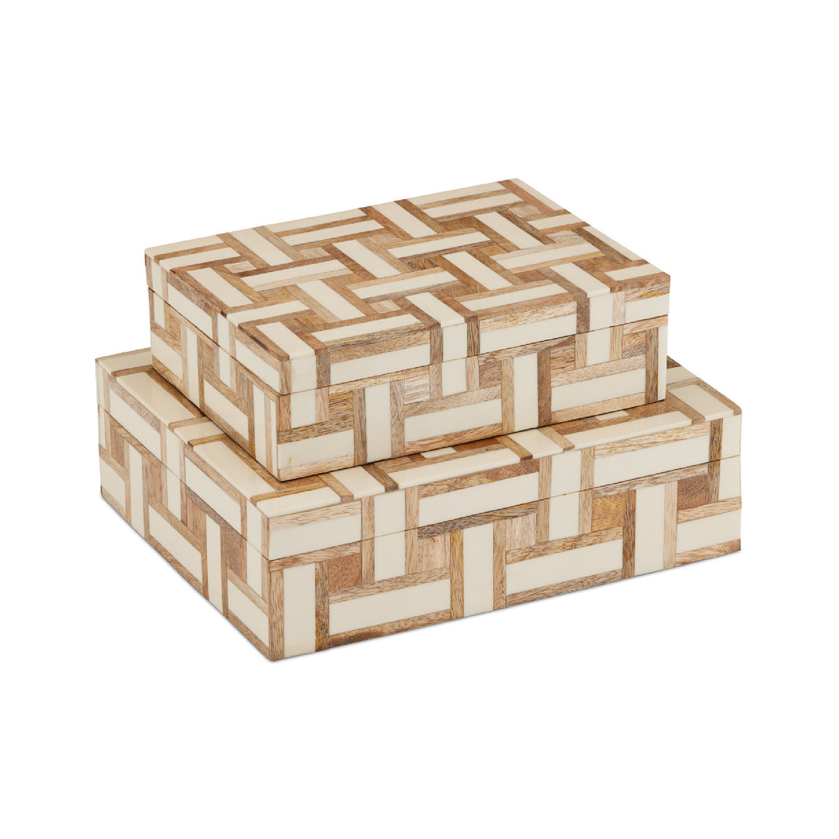 Two decorative boxes with a geometric pattern on a white background