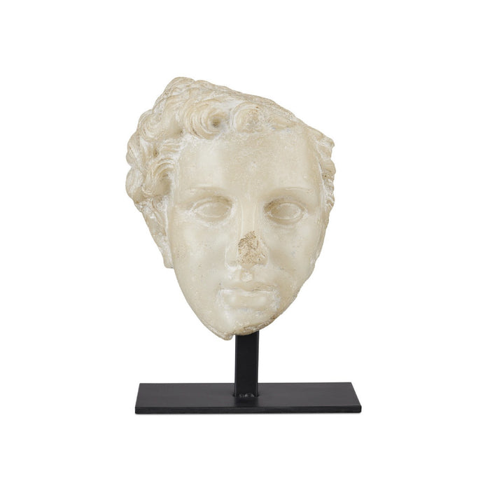 White marble sculpture of a classical head on a black stand against a white background