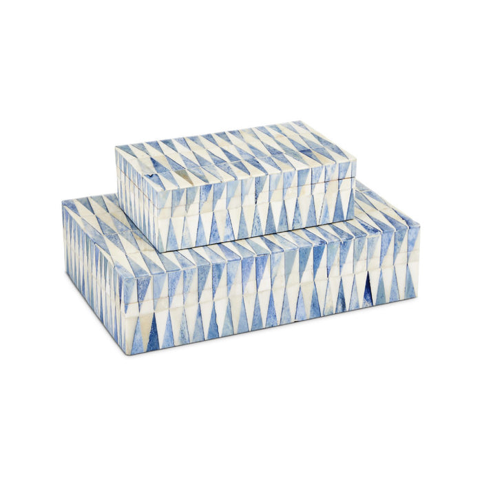 Two decorative boxes with blue and white geometric pattern on a white background