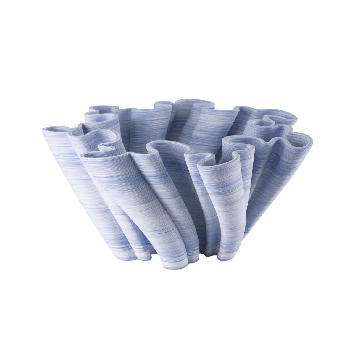 Decorative vase with wavy, ribbed design on a white background