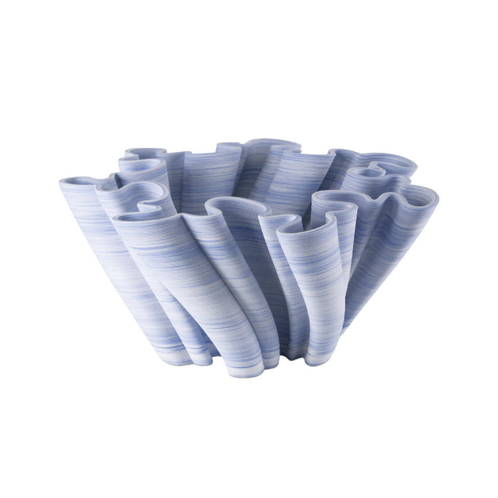 Decorative vase with wavy, ribbed design on a white background