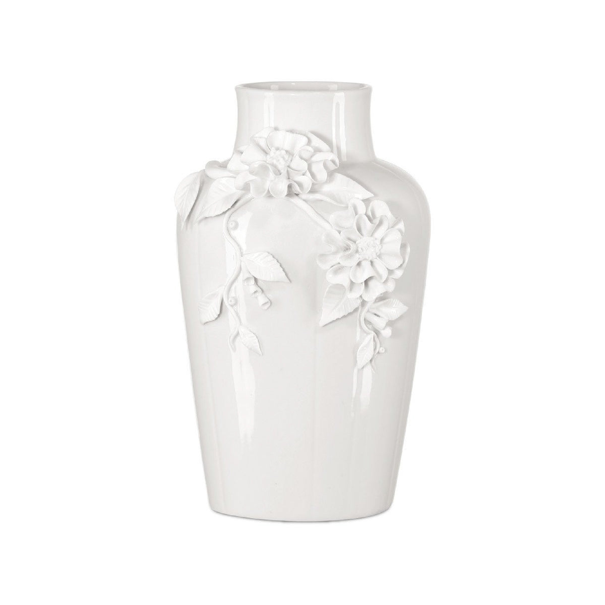 White ceramic vase with floral designs on a white background