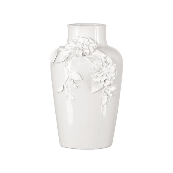 White ceramic vase with floral designs on a white background