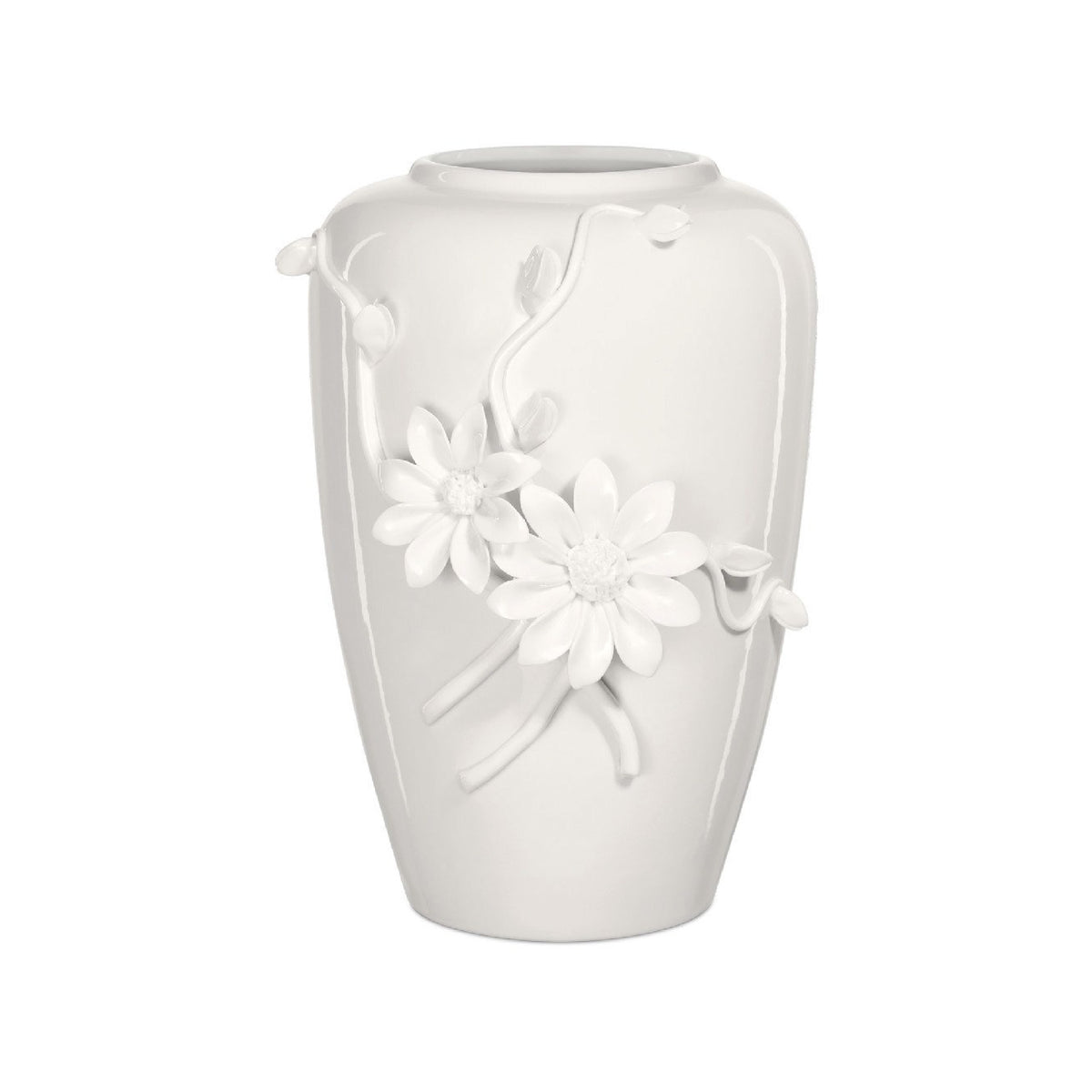 White ceramic vase with floral designs on a white background