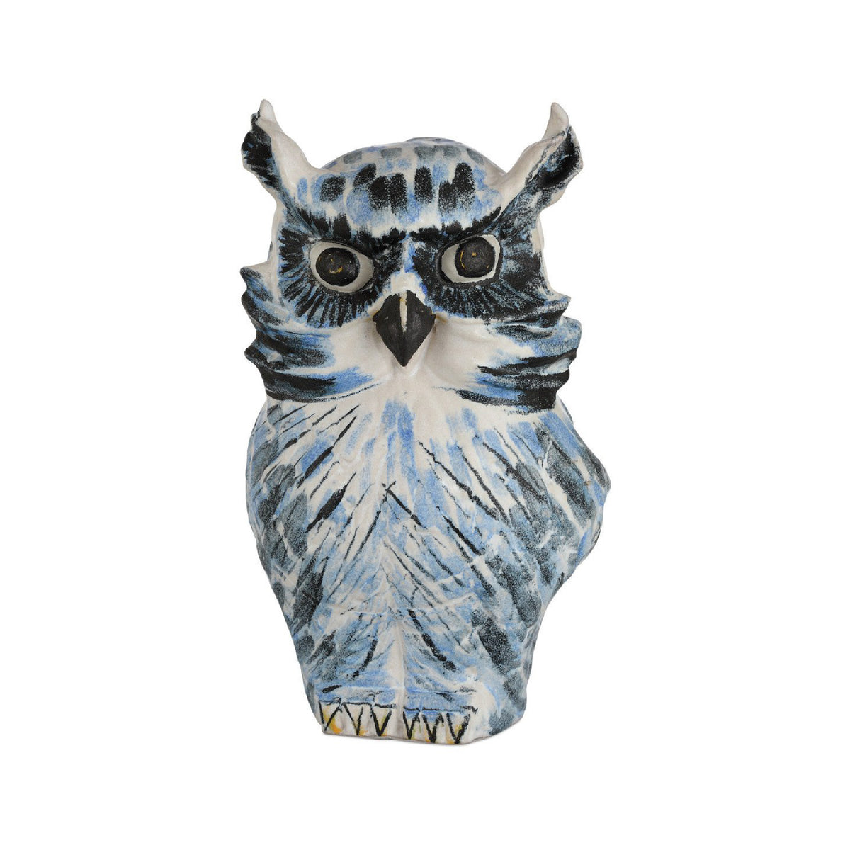 Decorative owl figurine with blue and white pattern on a white background