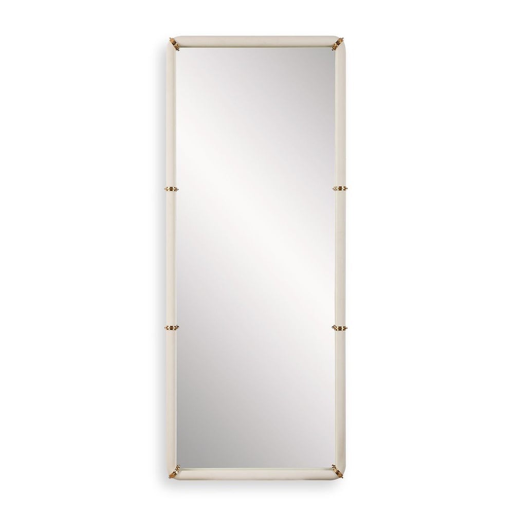 tall dressing mirror white faux leather white brass bands
