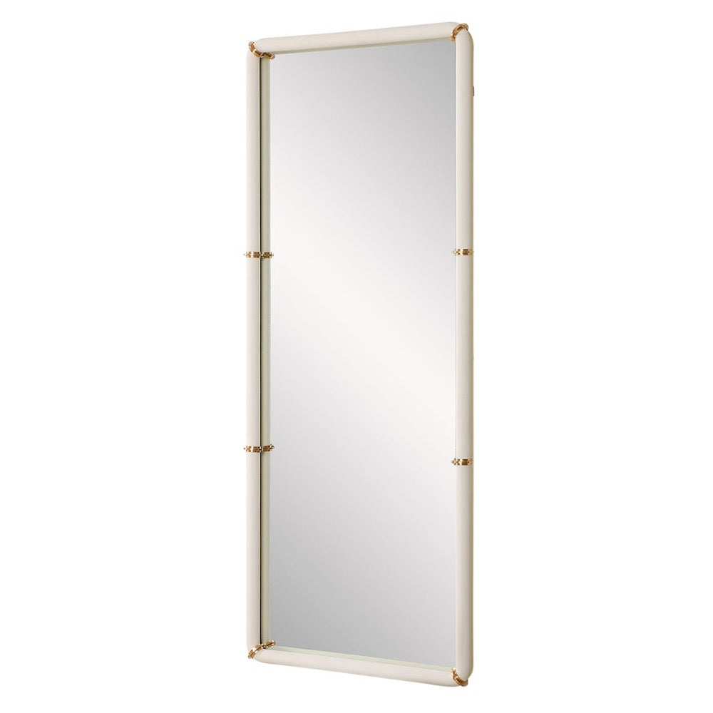 tall dressing mirror white faux leather white brass bands