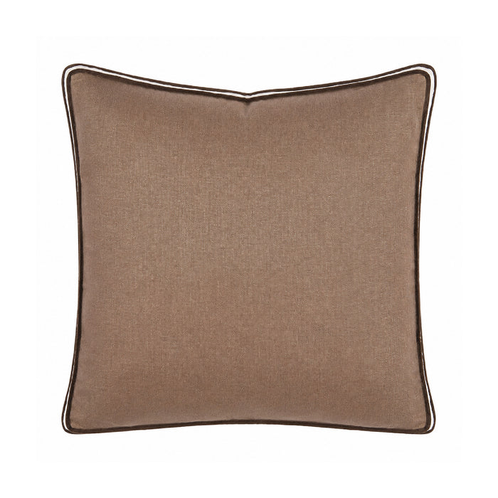 A square throw pillow in a textured taupe-brown fabric with a thin dark brown piping border, shown against a plain white background.