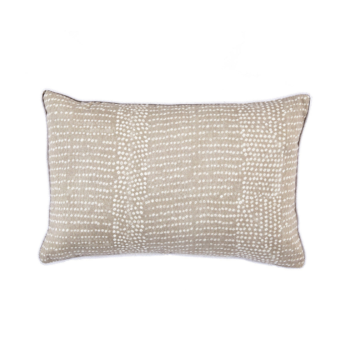 A rectangular lumbar throw pillow with a textured beige and white dotted pattern, featuring dark contrast piping along the edges, shown against a plain white background.