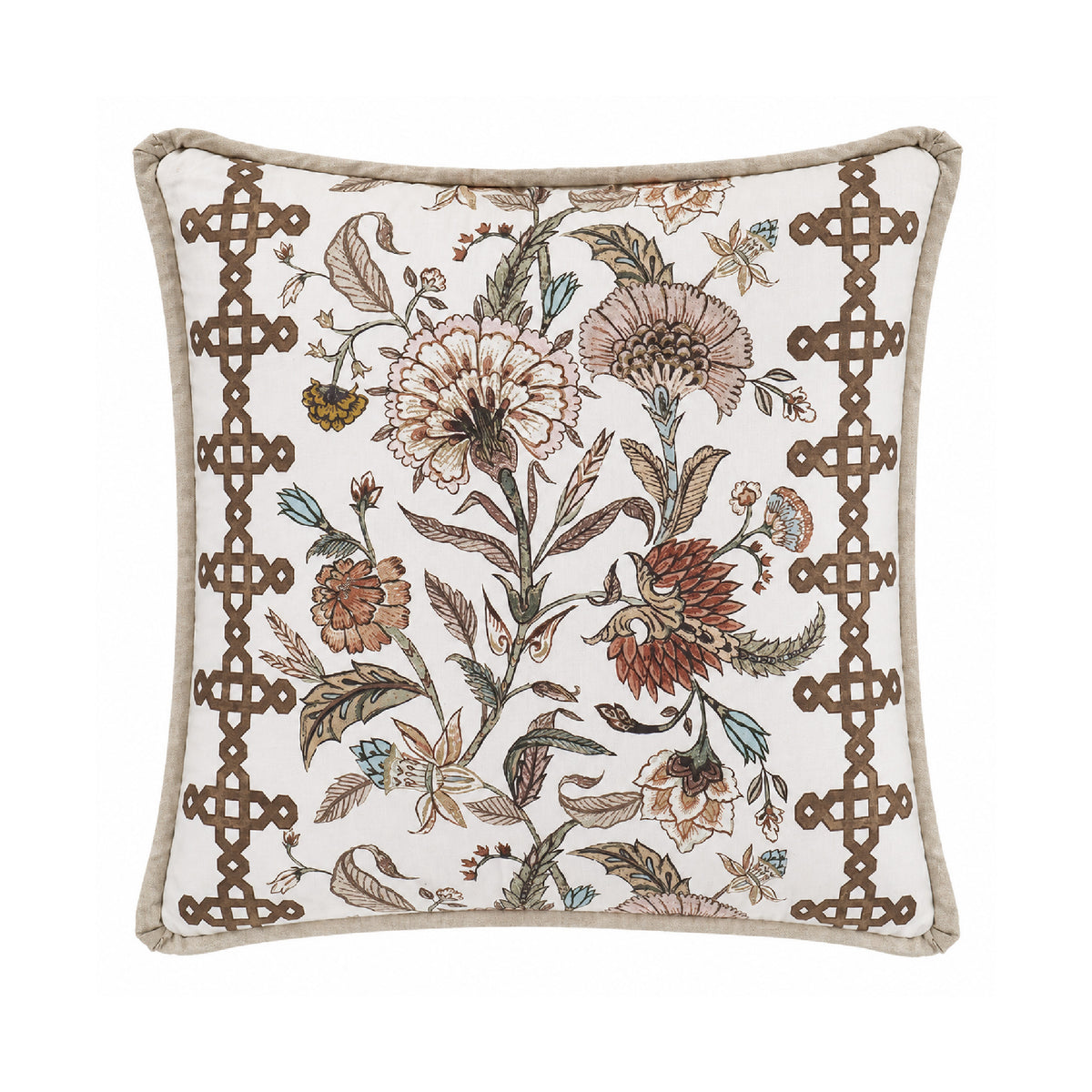 A square decorative throw pillow with a cream background, featuring an intricate botanical pattern in muted brown, beige, and rust tones, framed by a brown geometric border and a beige piped edge.