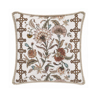 A square decorative throw pillow with a cream background, featuring an intricate botanical pattern in muted brown, beige, and rust tones, framed by a brown geometric border and a beige piped edge.