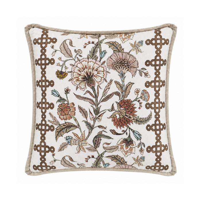 A square decorative throw pillow with a cream background, featuring an intricate botanical pattern in muted brown, beige, and rust tones, framed by a brown geometric border and a beige piped edge.