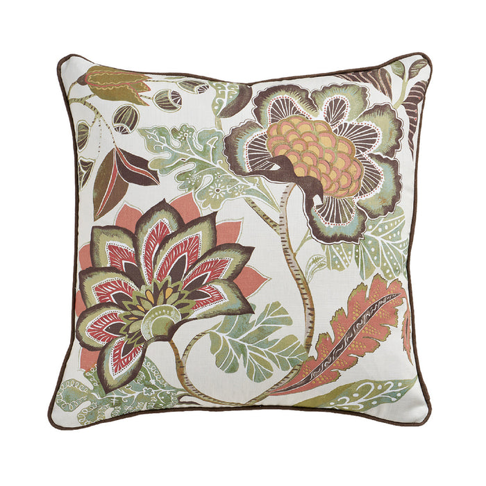 A square decorative throw pillow with a detailed botanical pattern featuring large flowers and leaves in muted green, rust red, brown, and peach tones on an off-white background, finished with a dark brown piped edge.