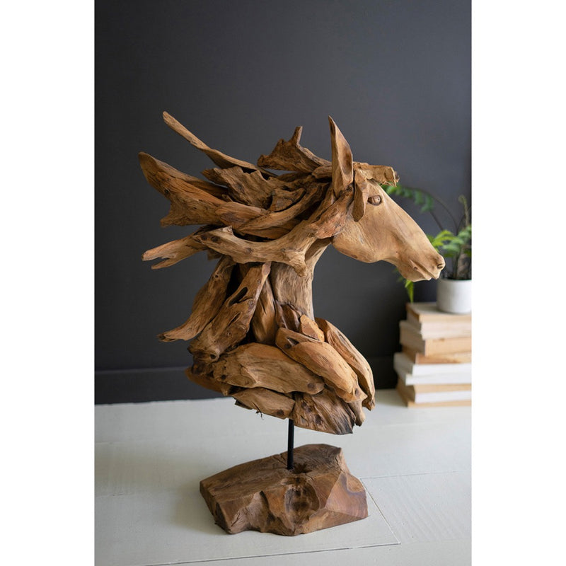 teakwood horse sculpture organic natural wood base