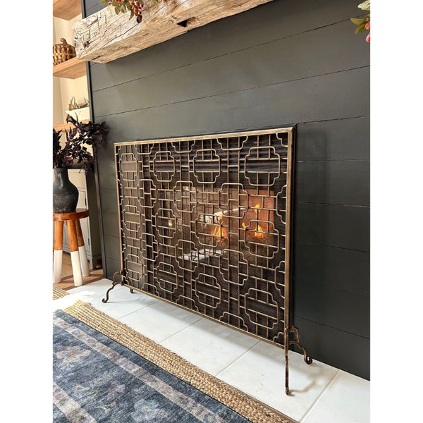 fireplace screen geometric gold contemporary mesh stand feet