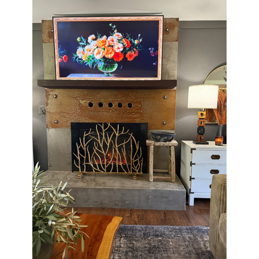 gold iron twig fire screen single panel