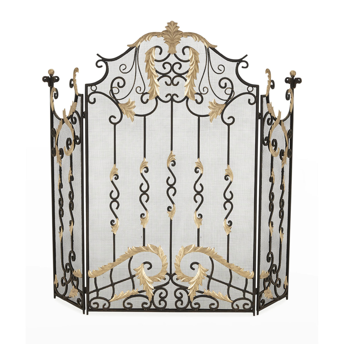 An ornate black wrought iron fire screen with gold-painted leaf and scroll accents, set against a plain white background.