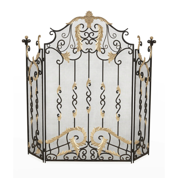 An ornate black wrought iron fire screen with gold-painted leaf and scroll accents, set against a plain white background.