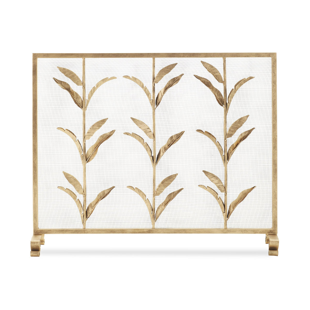 A decorative fireplace screen with a gold-toned metal frame and leafy branch motif over a white textured mesh background, shown on a clean white studio background.