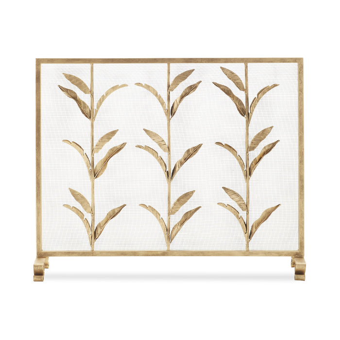 A decorative fireplace screen with a gold-toned metal frame and leafy branch motif over a white textured mesh background, shown on a clean white studio background.