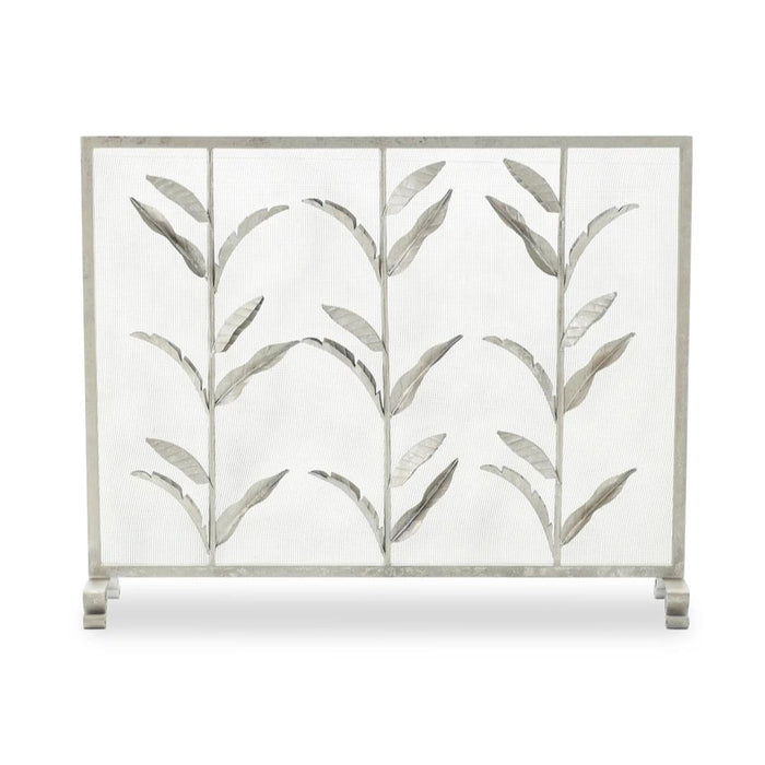 A rectangular decorative screen or panel with a silver-toned metal frame and three vertical panels featuring leafy branch motifs, shown against a plain white background.