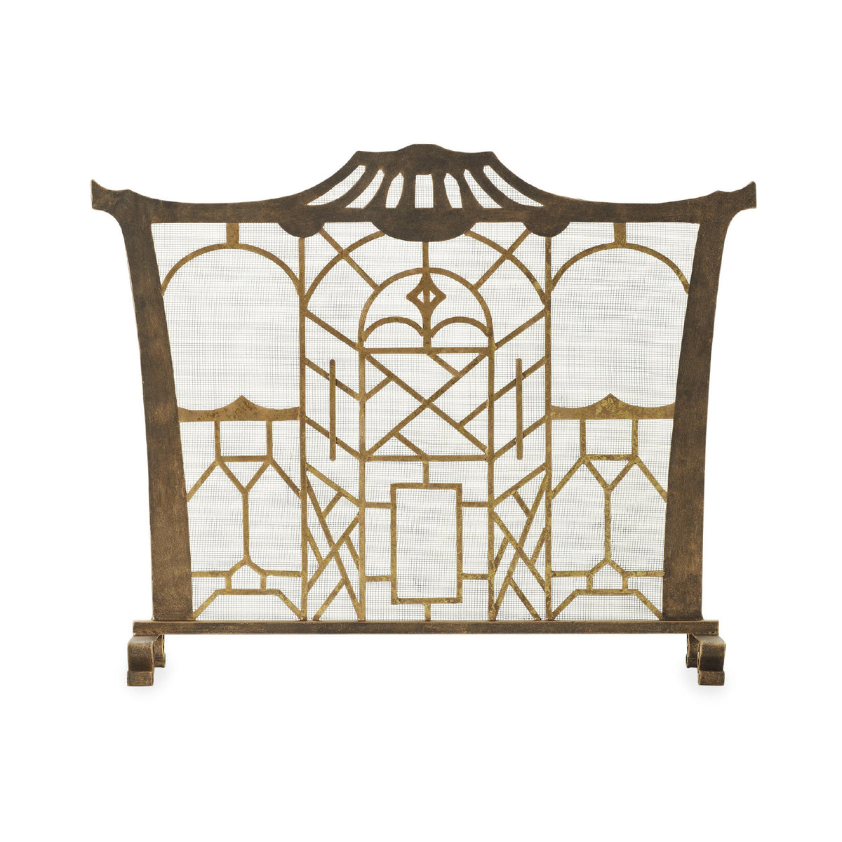 A decorative fireplace screen with an ornate geometric metal frame in a warm bronze finish over a white mesh background, shown against a plain white studio backdrop.