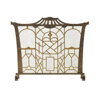 A decorative fireplace screen with an ornate geometric metal frame in a warm bronze finish over a white mesh background, shown against a plain white studio backdrop.