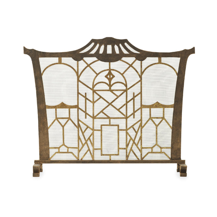 A decorative fireplace screen with an ornate geometric metal frame in a warm bronze finish over a white mesh background, shown against a plain white studio backdrop.