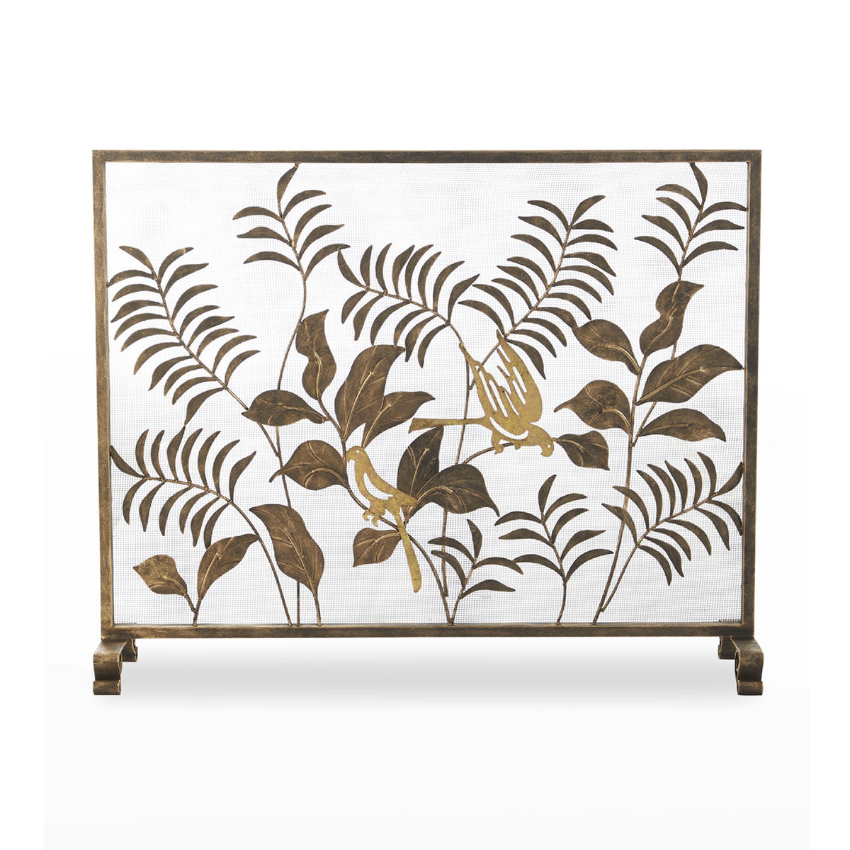 A decorative metal screen with a bronze-finished frame and legs, featuring cutout botanical leaves and two gold birds on a white mesh background.
