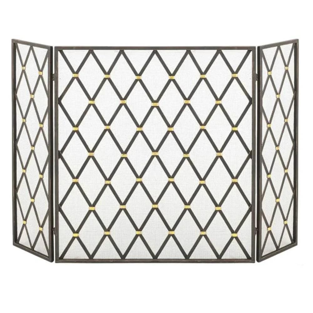 Three-panel decorative fireplace screen with geometric lattice design on a white background