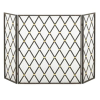 Three-panel decorative fireplace screen with geometric lattice design on a white background