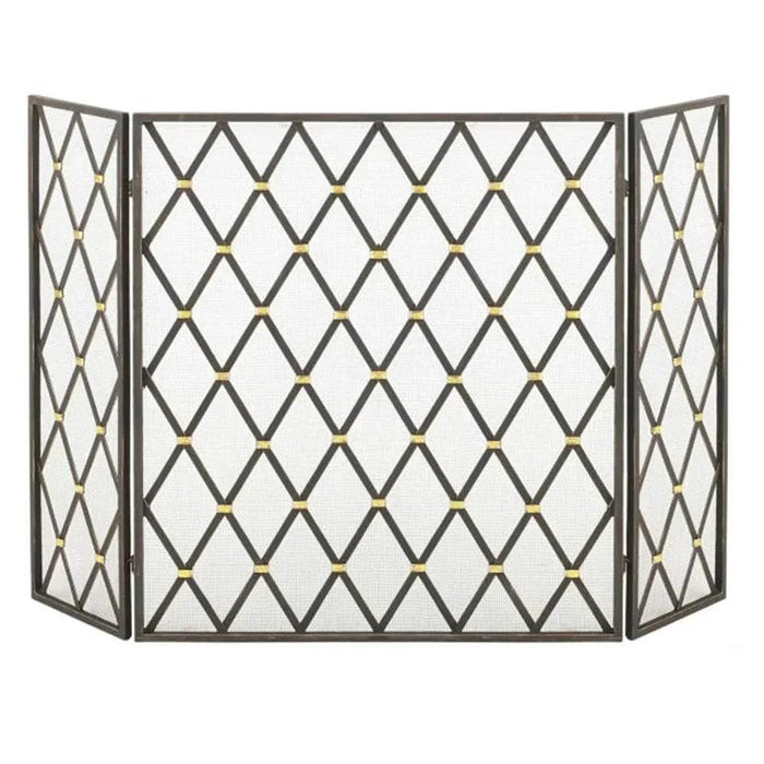 Three-panel decorative fireplace screen with geometric lattice design on a white background