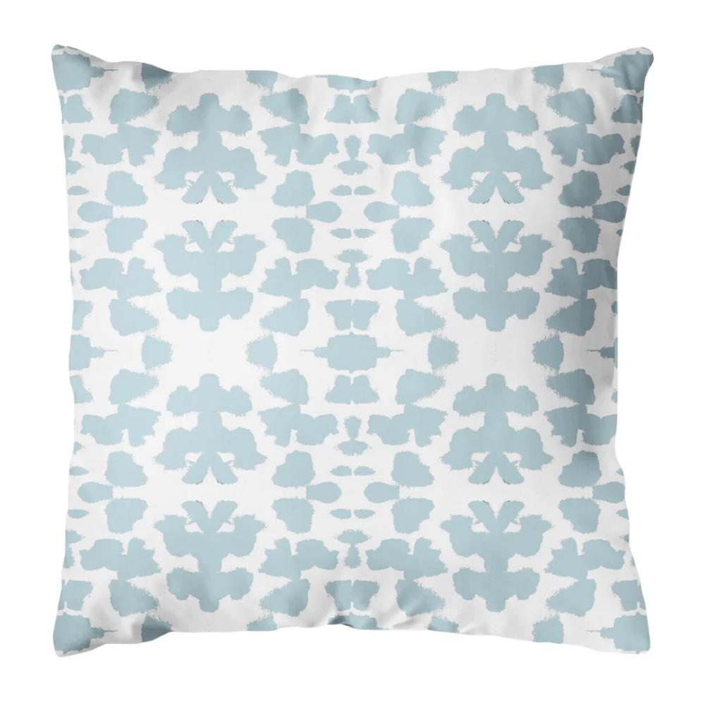 The Outdoor Chintz Mist Pillow by Laura Park Designs features a light blue abstract pattern on durable, fade-resistant fabric.