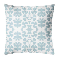 The Outdoor Chintz Mist Pillow by Laura Park Designs features a light blue abstract pattern on durable, fade-resistant fabric.