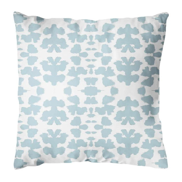 The Outdoor Chintz Mist Pillow by Laura Park Designs features a light blue abstract pattern on durable, fade-resistant fabric.